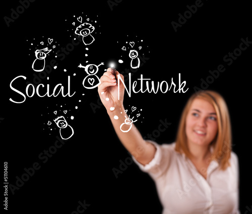 Photo: Woman draving social network theme on whiteboard Woman draving social network theme on whiteboard