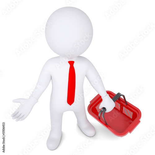 Illustration: 3d white man with a shopping basket 3d white man with a shopping basket