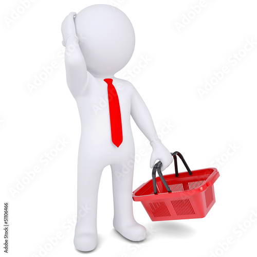 Illustration: Pensive 3d white man with a shopping basket Pensive 3d white man with a shopping basket