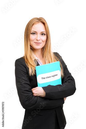 Photo: Portrait of teacher woman with class register, isolated on Portrait of teacher woman with class register, isolated on
