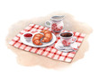 Watercolor illustration of breakfast with croissants and coffee