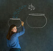 Woman with jumping fish small to big bowl