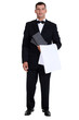 Male waiter stood holding menu