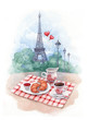 Watercolor background with illustration of eiffel tower and trad