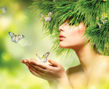 Spring Woman. Summer Girl with Grass Hair and Green Makeup