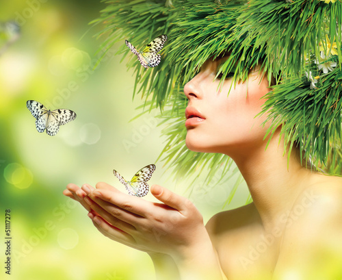 Photo: Spring Woman. Summer Girl with Grass Hair and Green Makeup Spring Woman. Summer Girl with Grass Hair and Green Makeup