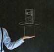 Man pulling money from magic hat blackboard background