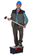 Laborer standing on his toolbox