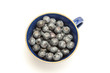 Cup of blueberries on white background