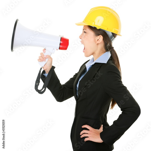 Photo: Megaphone screaming engineer contractor woman Megaphone screaming engineer contractor woman