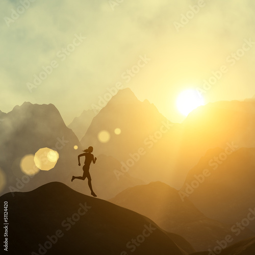 Photo: Woman fitness silhouette. Runner woman and sunrise. Woman fitness silhouette. Runner woman and sunrise.