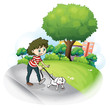A woman and her puppy at the street