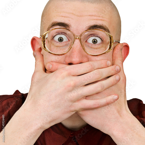 Photo: Emotional excited man keep his mouth closed Emotional excited man keep his mouth closed