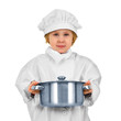 Young cook. Small girl in white suit with saucepan