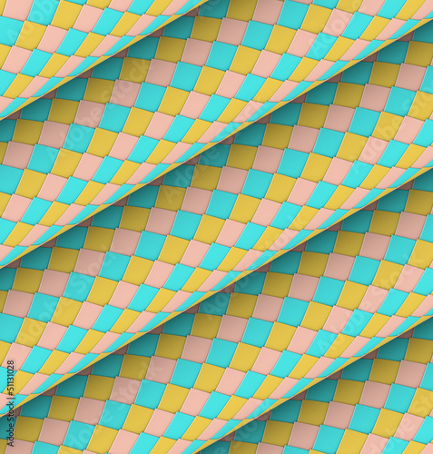 Illustration: fish scale diagonal tiled blue yellow pink roll shape fish scale diagonal tiled blue yellow pink roll shape