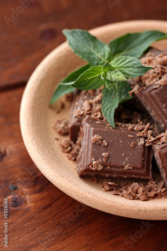 Photo: Pieces of chocolate and mint Pieces of chocolate and mint