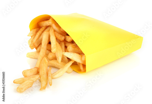 Photo: French fries in paper bag isolated on white French fries in paper bag isolated on white