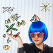 girl with blue wig dreaming of vacation