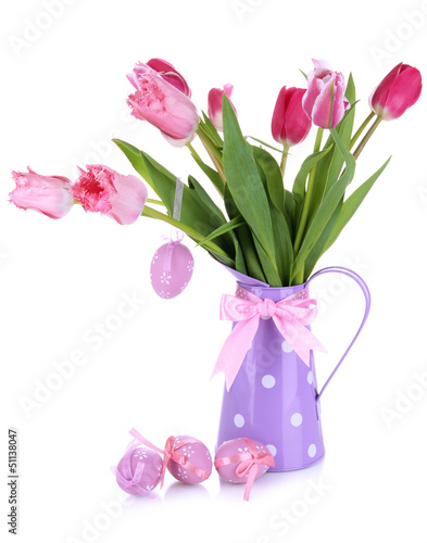 Photo: Easter composition with fresh tulips and easter eggs isolated Easter composition with fresh tulips and easter eggs isolated