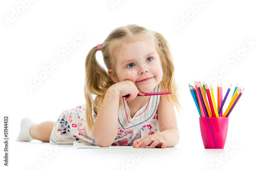Photo: kid girl drawing with colourful pencils kid girl drawing with colourful pencils