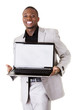 Happy businessman with laptop.