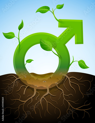 Vector: Growing male symbol like plant with leaves and roots in ground Growing male symbol like plant with leaves and roots in ground