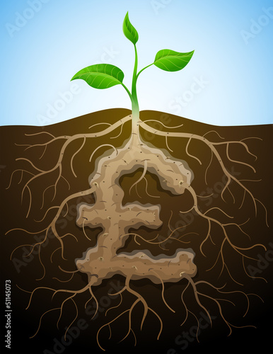 Vector: Roots and tuber in shape of pound sterling symbol sprout Roots and tuber in shape of pound sterling symbol sprout