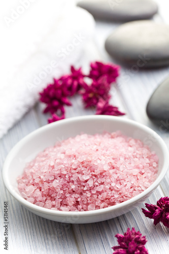 Photo: pink bath salt in bowl pink bath salt in bowl