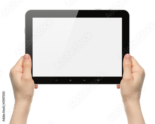 Photo: Woman hands holding black tablet PC Woman hands holding black tablet PC