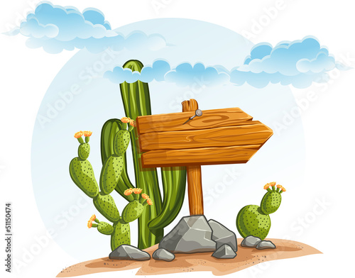Vector: Wooden pointer with cacti in the desert Wooden pointer with cacti in the desert
