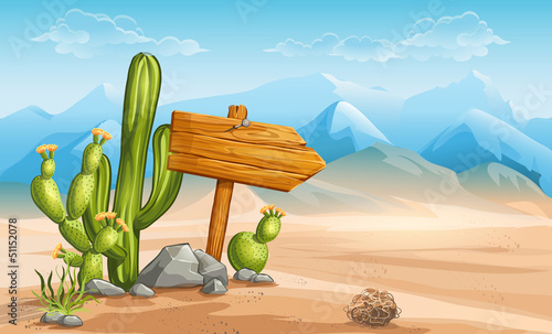 Vector: A wooden sign in the desert mountains in the background A wooden sign in the desert mountains in the background