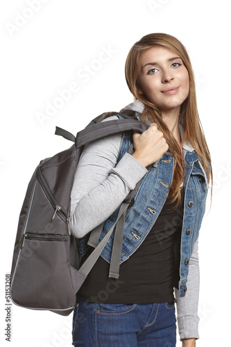 Photo: Girl hiker with backpack looking at camera over white Girl hiker with backpack looking at camera over white