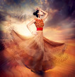 Dancing Fashion Woman wearing Blowing Long Chiffon Dress