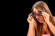 Shocked woman watching 3D movie