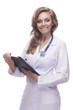 Portrait of cheerful female doctor with clipboard