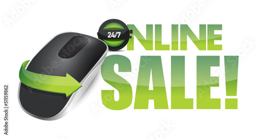Illustration: online sale sign and Wireless computer mouse online sale sign and Wireless computer mouse