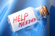 An artistic concept of a vintage bottle with a cork saying "Help