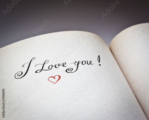 Photo: I love you words in the open book with grey background I love you words in the open book with grey background