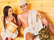 Group people in hat  at sauna.