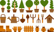 set of garden tools and topiary in terracotta pots
