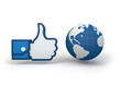 3d render of a Facebook thumbs up hand next to a globe.