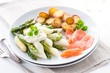 Photo: Green and white asparagus, potatoes and salmon Green and white asparagus, potatoes and salmon