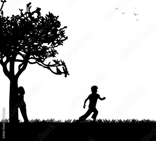 Vector: Children playing hide and seek in the park silhouette Children playing hide and seek in the park silhouette