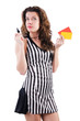Woman referee with card on white