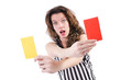 Woman referee with card on white