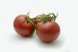 three fresh tomatoes with green leaves