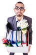 Man being fired with box of personal stuff