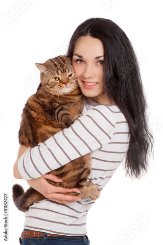 Photo: beautiful smiling brunette girl and her ginger cat over white ba beautiful smiling brunette girl and her ginger cat over white ba