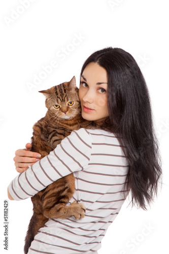 Photo: beautiful smiling brunette girl and her ginger cat over white ba beautiful smiling brunette girl and her ginger cat over white ba