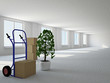 Empty hall with boxes and pushcart